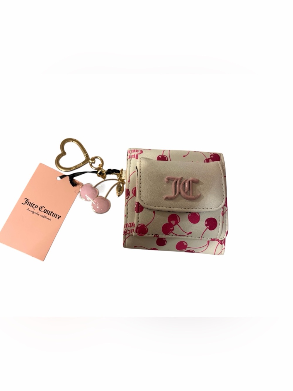 Juicy Couture Cream & Pink Cherry Mini Wallet with Heart Keychain Ring
